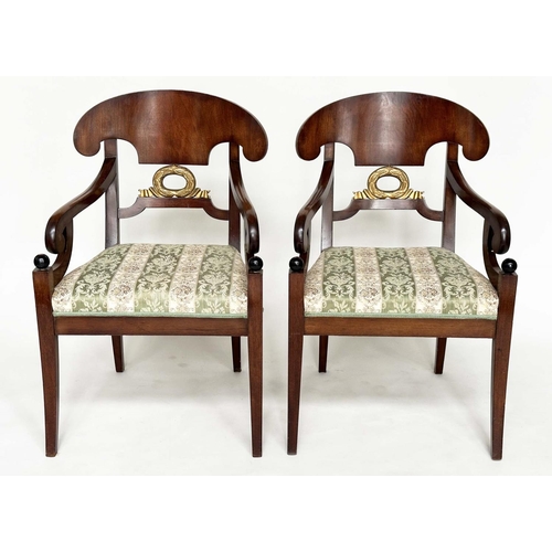 113 - ARMCHAIRS, a pair, Biedermeier design walnut and parcel gilt each with carved wreath centre and ebon... 