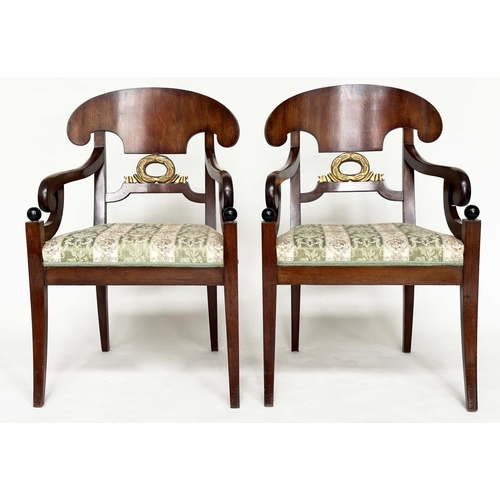 113 - ARMCHAIRS, a pair, Biedermeier design walnut and parcel gilt each with carved wreath centre and ebon... 