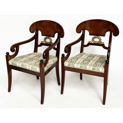 113 - ARMCHAIRS, a pair, Biedermeier design walnut and parcel gilt each with carved wreath centre and ebon... 