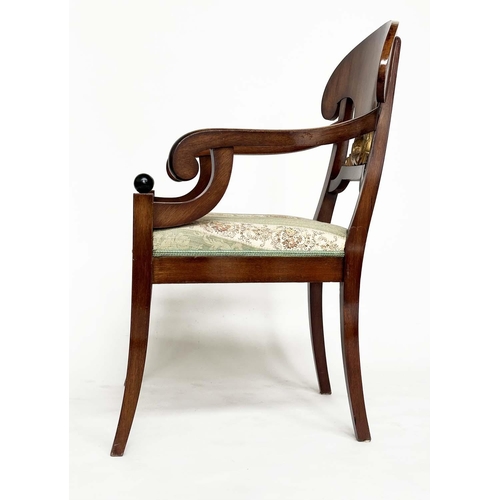 113 - ARMCHAIRS, a pair, Biedermeier design walnut and parcel gilt each with carved wreath centre and ebon... 