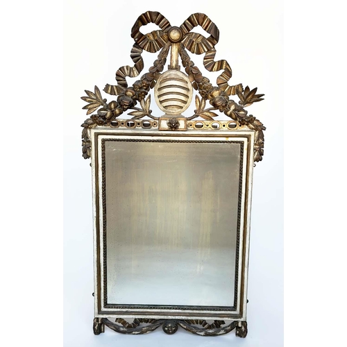 114 - WALL MIRROR, 19th century Italian carved and parcel gilt with beehive and ribbon swag crest and bead... 