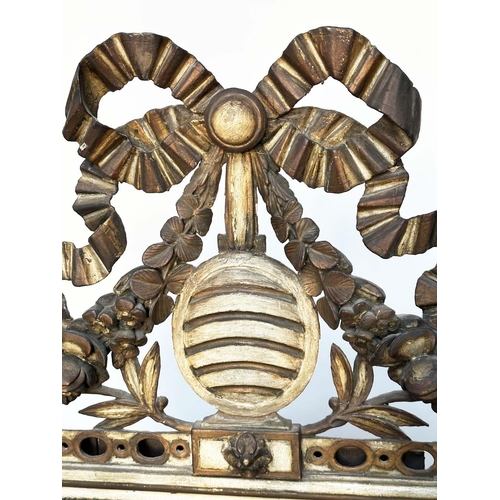 114 - WALL MIRROR, 19th century Italian carved and parcel gilt with beehive and ribbon swag crest and bead... 