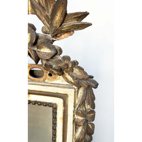 114 - WALL MIRROR, 19th century Italian carved and parcel gilt with beehive and ribbon swag crest and bead... 