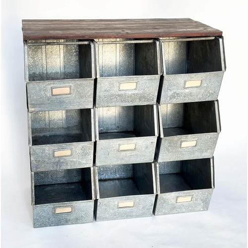 116 - STACKING STORAGE TRAYS, a set of nine galvanised open trays/bins with fitted work bench top, 88cm W ... 