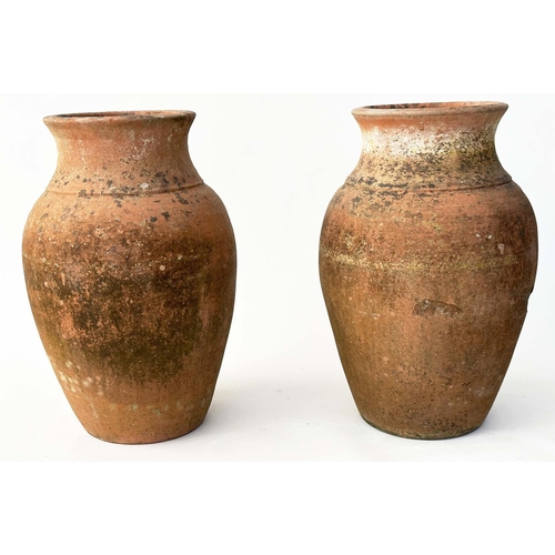 117 - TERRACOTTA URNS, a pair, vintage weathered terracotta of vase form, 53cm H. (2)