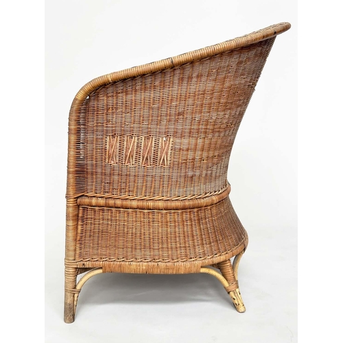 118 - CONSERVATORY ARMCHAIRS BY DRYAD, a pair, rattan and cane woven, with arched back and seat cushions, ... 