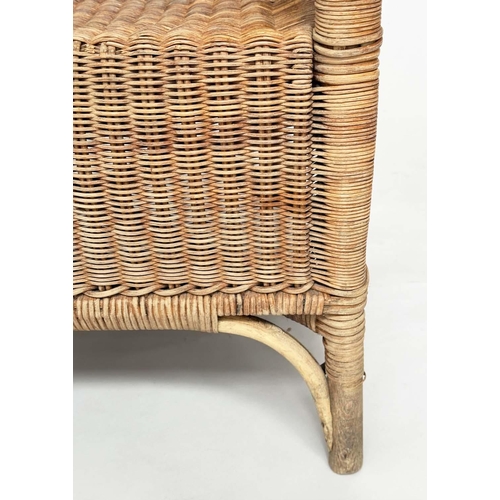 118 - CONSERVATORY ARMCHAIRS BY DRYAD, a pair, rattan and cane woven, with arched back and seat cushions, ... 