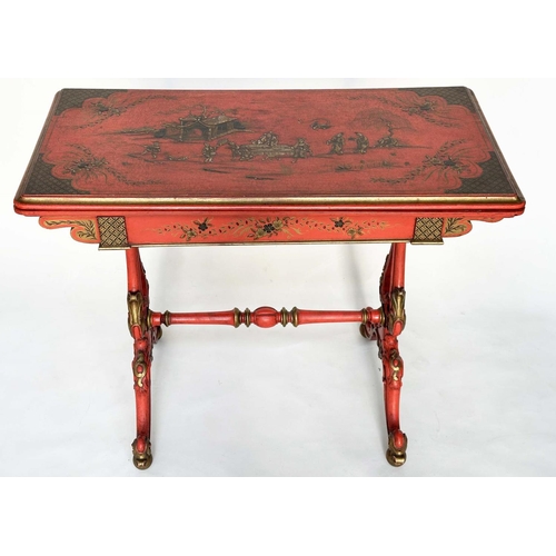 120 - CARD TABLE, 19th century scarlet lacquered and gilt polychrome chinoiserie decorated with foldover t... 