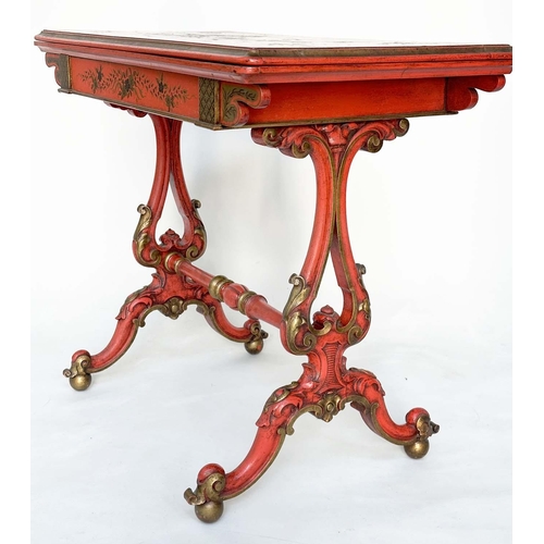 120 - CARD TABLE, 19th century scarlet lacquered and gilt polychrome chinoiserie decorated with foldover t... 