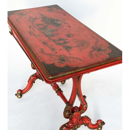 120 - CARD TABLE, 19th century scarlet lacquered and gilt polychrome chinoiserie decorated with foldover t... 