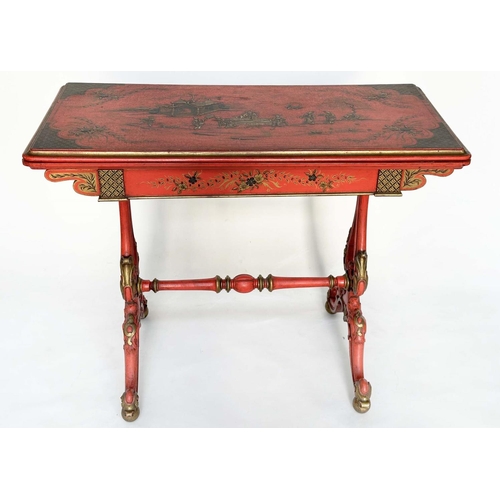 120 - CARD TABLE, 19th century scarlet lacquered and gilt polychrome chinoiserie decorated with foldover t... 