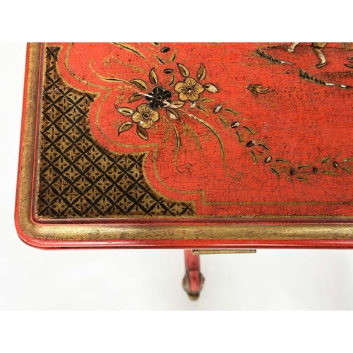 120 - CARD TABLE, 19th century scarlet lacquered and gilt polychrome chinoiserie decorated with foldover t... 