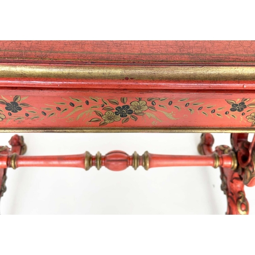 120 - CARD TABLE, 19th century scarlet lacquered and gilt polychrome chinoiserie decorated with foldover t... 