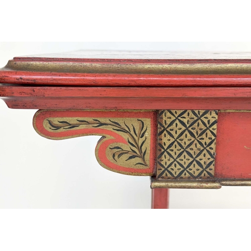 120 - CARD TABLE, 19th century scarlet lacquered and gilt polychrome chinoiserie decorated with foldover t... 