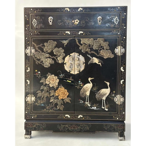 121 - SIDE CABINET, Chinese lacquered gilt, polychrome, stone and silvered metal mounted with drawer and t... 