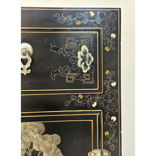 121 - SIDE CABINET, Chinese lacquered gilt, polychrome, stone and silvered metal mounted with drawer and t... 