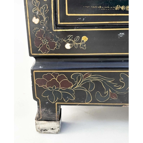 121 - SIDE CABINET, Chinese lacquered gilt, polychrome, stone and silvered metal mounted with drawer and t... 