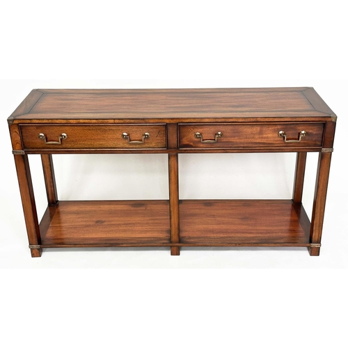 124 - HALL TABLE, Campaign style teak and brass bound with two drawers and undertier, 137cm x 69cm H x 41c... 