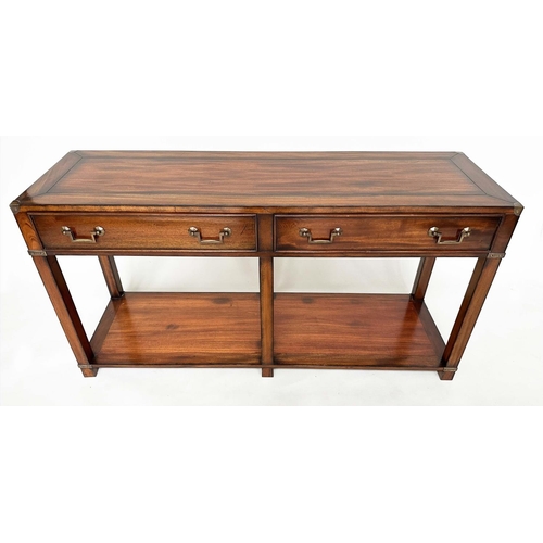 124 - HALL TABLE, Campaign style teak and brass bound with two drawers and undertier, 137cm x 69cm H x 41c... 