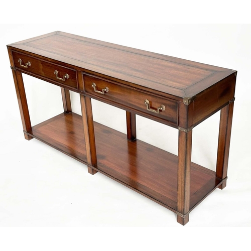 124 - HALL TABLE, Campaign style teak and brass bound with two drawers and undertier, 137cm x 69cm H x 41c... 