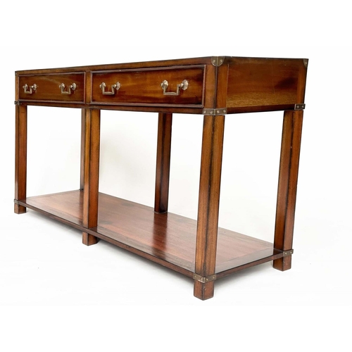 124 - HALL TABLE, Campaign style teak and brass bound with two drawers and undertier, 137cm x 69cm H x 41c... 