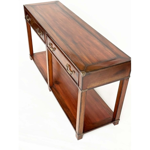 124 - HALL TABLE, Campaign style teak and brass bound with two drawers and undertier, 137cm x 69cm H x 41c... 