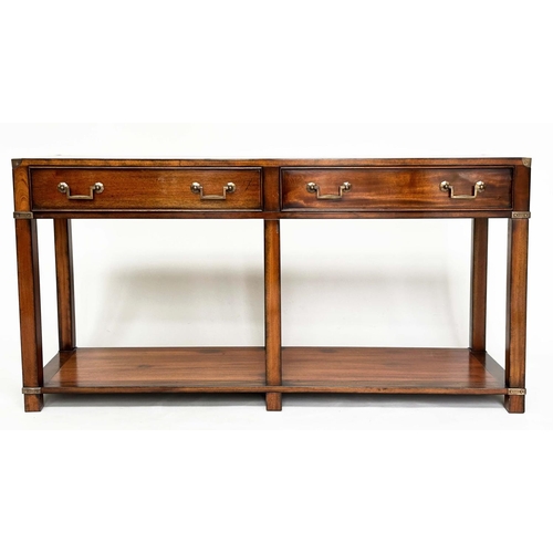 124 - HALL TABLE, Campaign style teak and brass bound with two drawers and undertier, 137cm x 69cm H x 41c... 