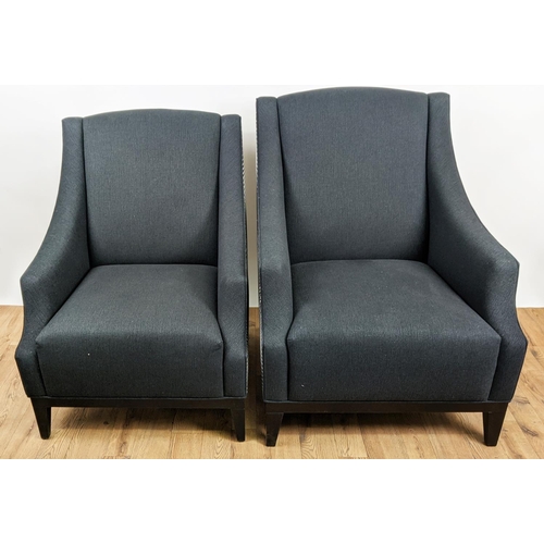 300 - ARMCHAIRS, a near pair, black fabric upholstered, patterned fabric exterior, 80cm W x 95cm D x 100cm... 