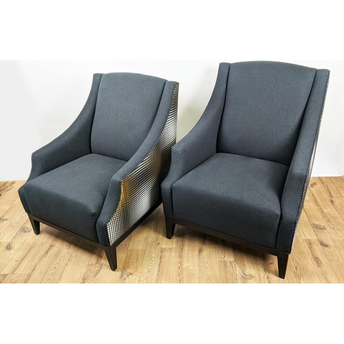 300 - ARMCHAIRS, a near pair, black fabric upholstered, patterned fabric exterior, 80cm W x 95cm D x 100cm... 