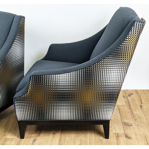 300 - ARMCHAIRS, a near pair, black fabric upholstered, patterned fabric exterior, 80cm W x 95cm D x 100cm... 