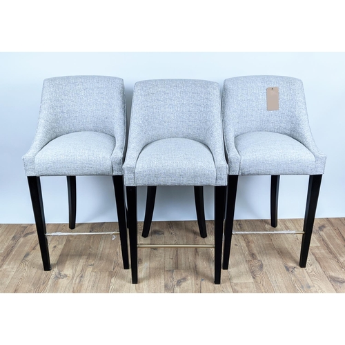 301 - BAR STOOLS, a set of three, grey fabric upholstered, faux shagreen upholstered exterior, 50cm W x 10... 