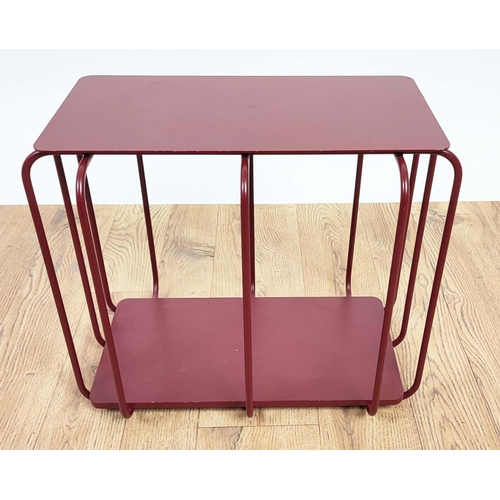 303 - SIDE TABLE, red painted metal, 42cm x 27cm x 35.5cm.