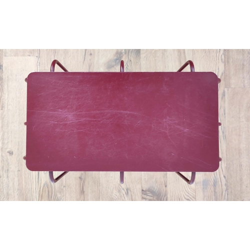 303 - SIDE TABLE, red painted metal, 42cm x 27cm x 35.5cm.