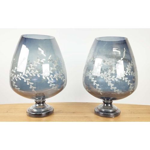 387 - VASES, a pair, blue tinted glass, etched detail, 38cm H approx each. (2)