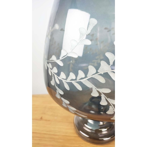 387 - VASES, a pair, blue tinted glass, etched detail, 38cm H approx each. (2)