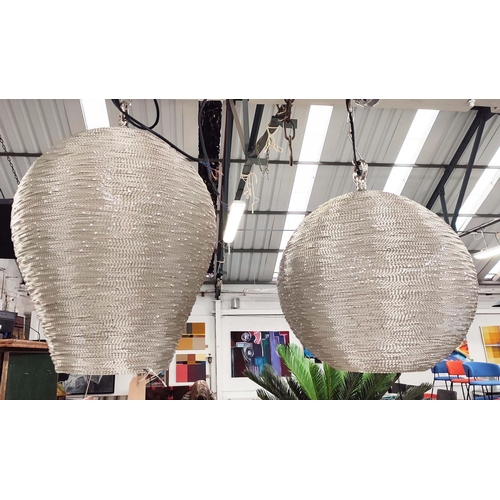 391 - CEILING PENDANT LIGHTS, a set of two, differing  sizes and shapes, wire work design, 60cm at largest... 