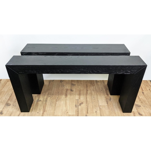 398 - CONSOLE TABLES, two similar, contemporary design, 150cm x 30cm x 79cm at largest. (2)