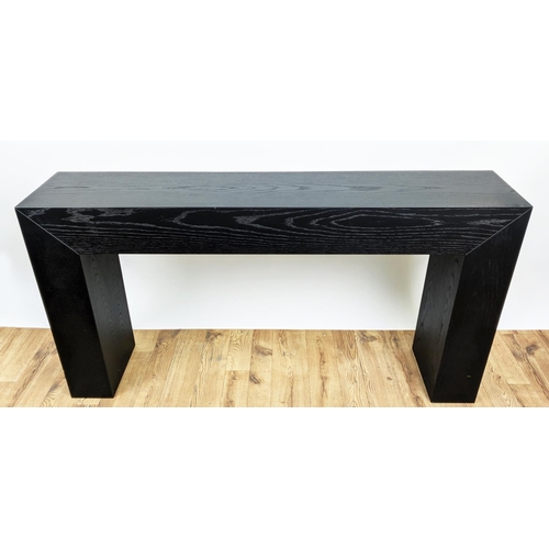 398 - CONSOLE TABLES, two similar, contemporary design, 150cm x 30cm x 79cm at largest. (2)