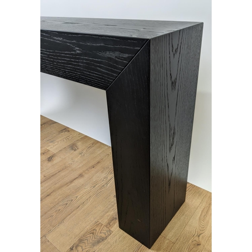 398 - CONSOLE TABLES, two similar, contemporary design, 150cm x 30cm x 79cm at largest. (2)