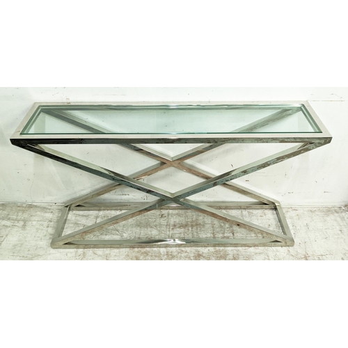 399 - CONSOLE TABLE, X frame, polished metal, glass top, 130cm x 30cm x 72cm.