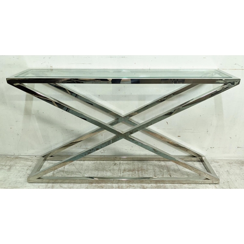 399 - CONSOLE TABLE, X frame, polished metal, glass top, 130cm x 30cm x 72cm.