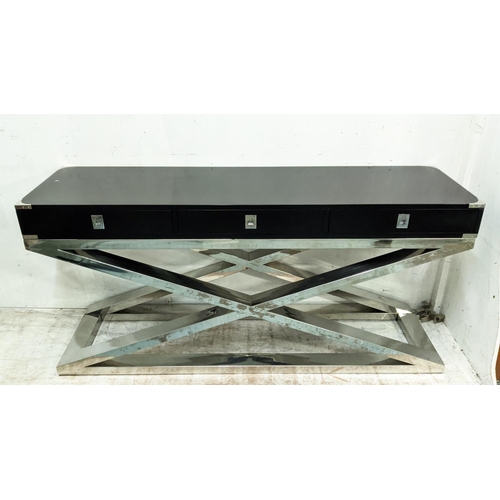 407 - CONSOLE TABLE, Campaign inspired design, with five drawers, X frame base, 160cm x 45cm x 75cm.