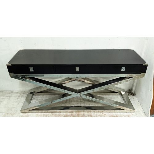 407 - CONSOLE TABLE, Campaign inspired design, with five drawers, X frame base, 160cm x 45cm x 75cm.