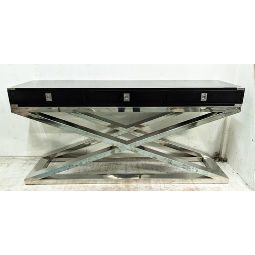 407 - CONSOLE TABLE, Campaign inspired design, with five drawers, X frame base, 160cm x 45cm x 75cm.