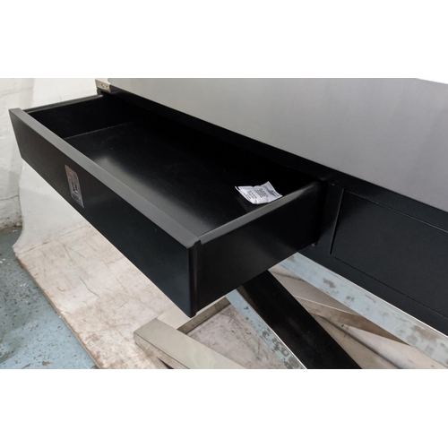 407 - CONSOLE TABLE, Campaign inspired design, with five drawers, X frame base, 160cm x 45cm x 75cm.