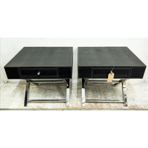 409 - SIDE TABLES, a pair, 70.5cm x 60.5cm x 61.5cm, each with an ingle drawer, leathered finish, polished... 