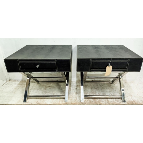 409 - SIDE TABLES, a pair, 70.5cm x 60.5cm x 61.5cm, each with an ingle drawer, leathered finish, polished... 