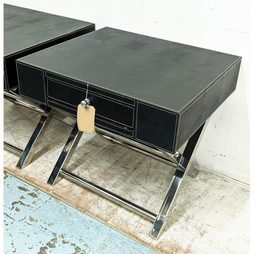 409 - SIDE TABLES, a pair, 70.5cm x 60.5cm x 61.5cm, each with an ingle drawer, leathered finish, polished... 