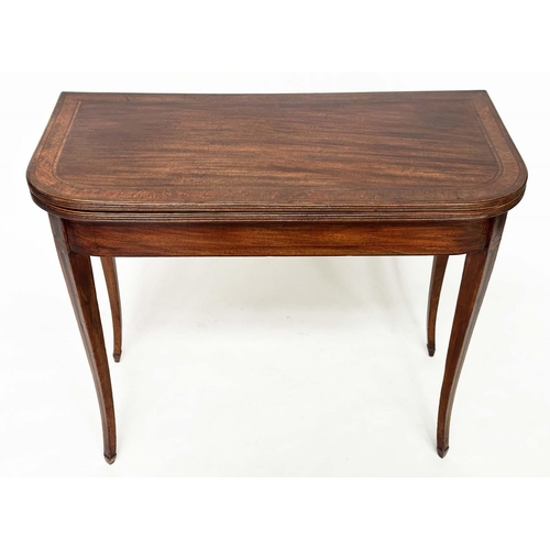 95 - TEA TABLE, George III figure mahogany, satinwood and tulipwood crossbanded, D form foldover with ebo... 