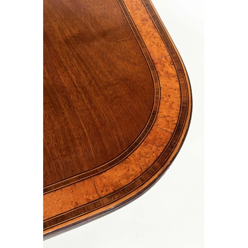 95 - TEA TABLE, George III figure mahogany, satinwood and tulipwood crossbanded, D form foldover with ebo... 